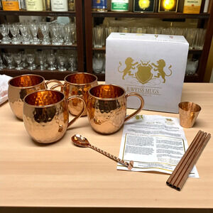 B. Weiss Moscow Mule 4 Mug Set Copper Hammered Shot Glass Spoon Straws Boxed